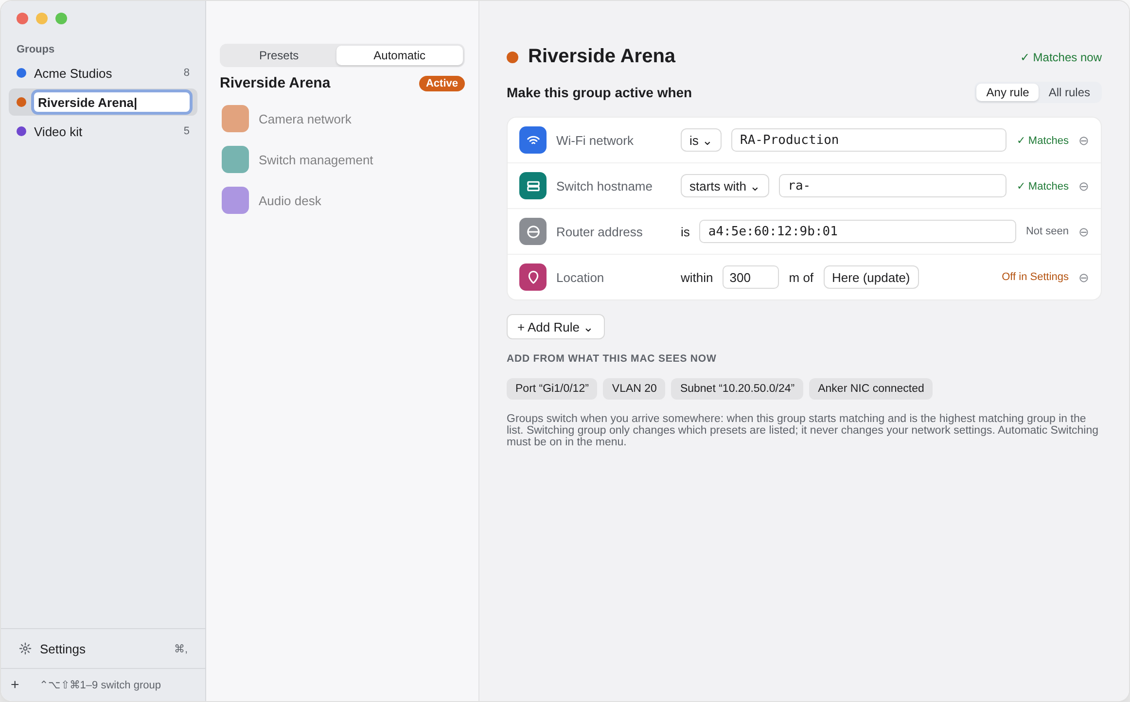 A group's Automatic tab, with rules for the Wi-Fi network, switch hostname and VLAN that recognise the site.
